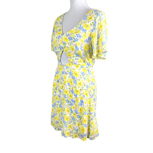 GB Gianni Bini Bright Yellow Floral Keyhole Cut Out Mini Fit & Flare Dress - Picture 4 of 13